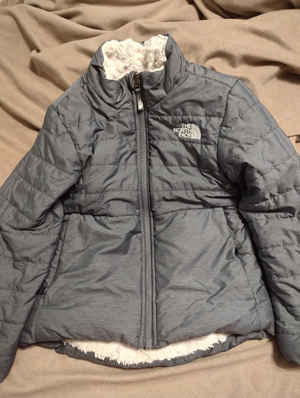 The North Face Reversible Full Zip Puffer Jacket Gray 2XS Unisex Kids